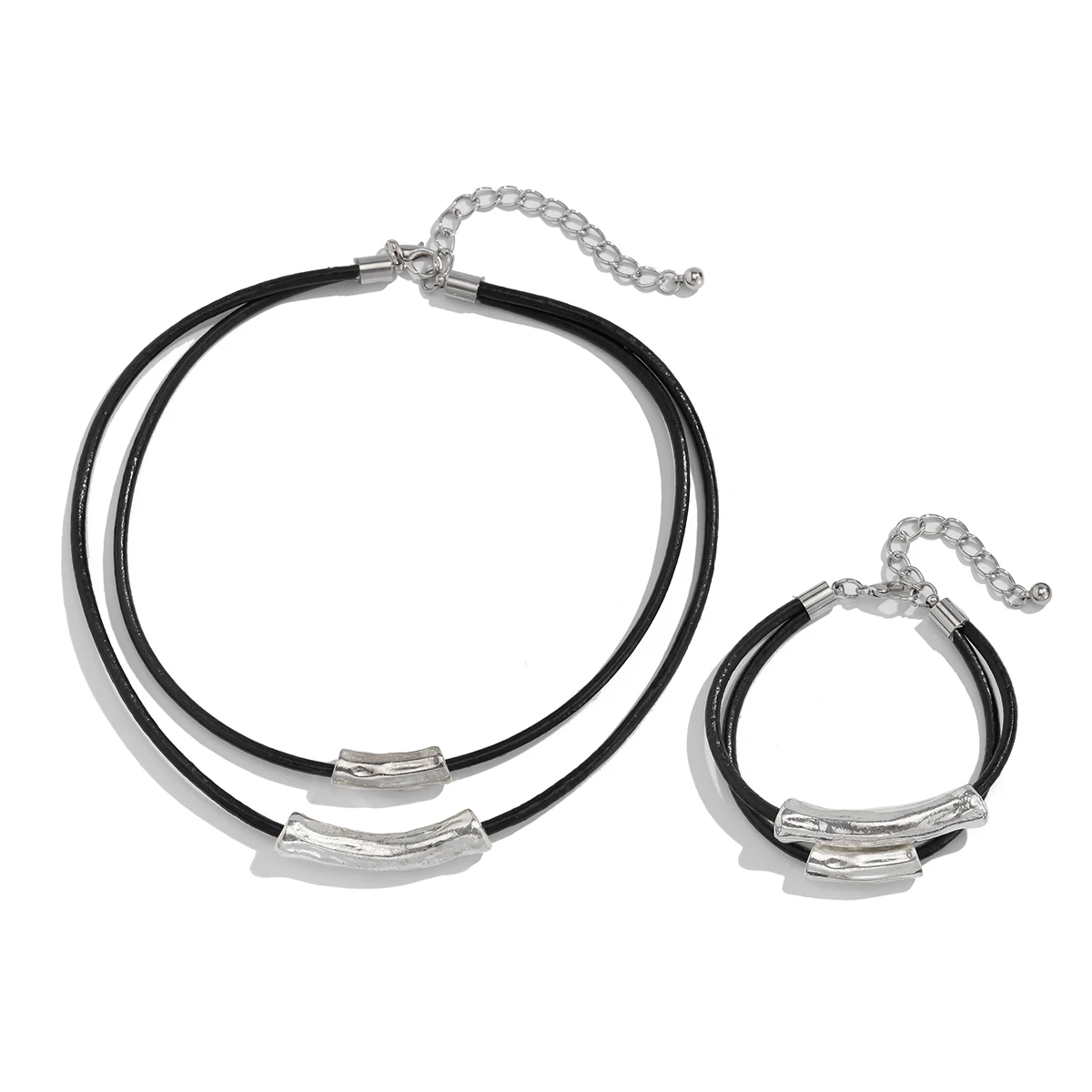 KunJoe Vintage Multi Layer Leather Wax Thread Rope Chain Necklace Bracelet Jewelry Set Women Simple Geometric Round Tube Choker