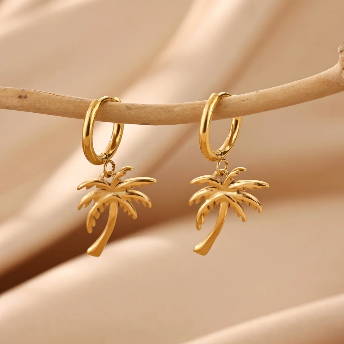 Minimalist Palm Tree Hoop Earrings, Dainty Gold Plated Beach Coconut Tree Dangle Earrings, Tropical Jewelry