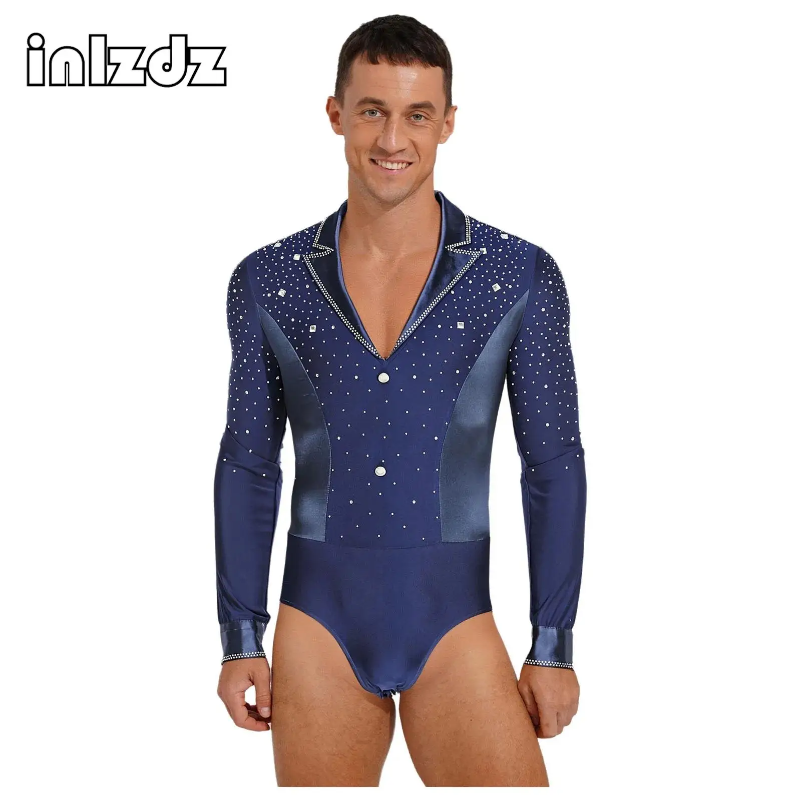 

Men Rhinestone Latin Tango Dance Bodysuit Lapel V Neck Long Sleeve Openable Crotch Leotard Ballet Rumba Figure Skating Dancewear