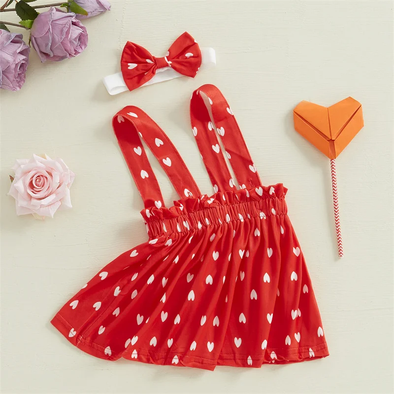 Cathery Kids Baby Girls Valentine's Day Suspender Skirts Heart Print Sleeveless Strap A Line Skirts with Bow Headband 2025