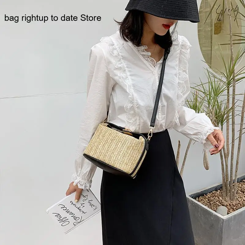 Summer Casual Beach Travel Pu Leather Straw Woven Splicing Handbag Crossbody Shoulder Bag