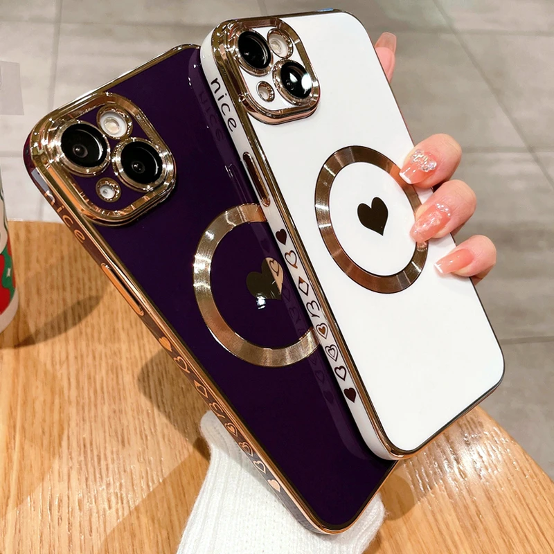 Luxury Magsafe Magnetic Plating Love Heart Phone Case For iPhone 11 12 13 14 15 Pro Max X XR XS 8 Plus Wireless Charging Cover