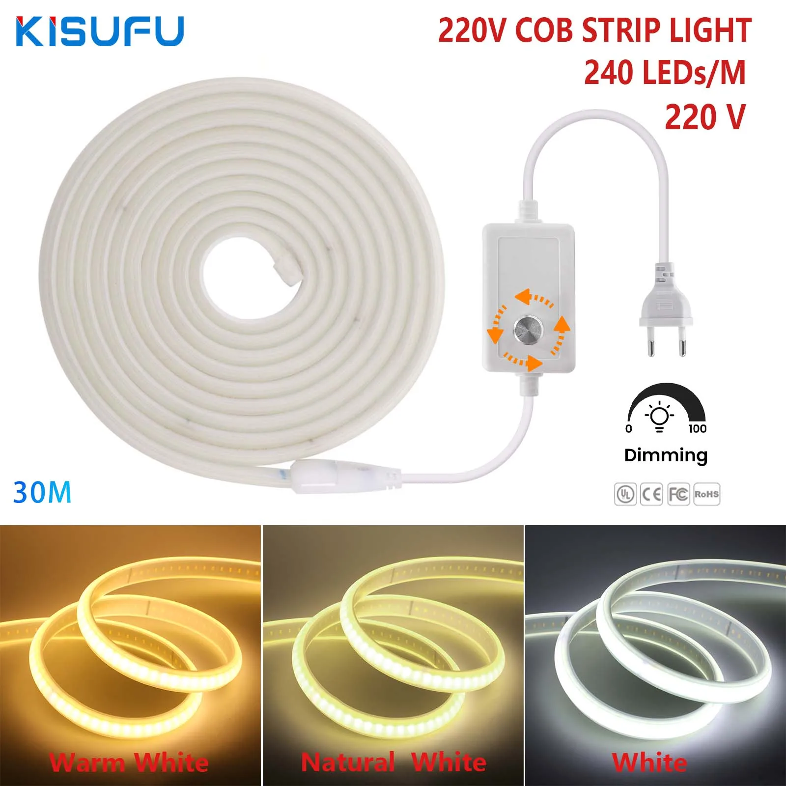 寝室用cob LEDストリップライト,調整可能なスイッチング電源,高輝度,220v,1 mあたり240leds,防水,ネオン,1 m, 30m