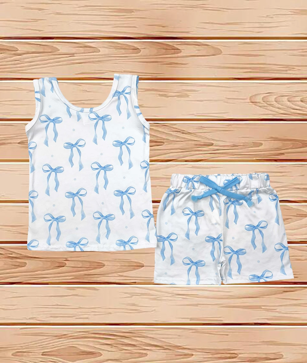 

4.18 Wholesale Western Boutique children clothing Baby Girls Sleeveless Blue Bows Top Shorts Sets