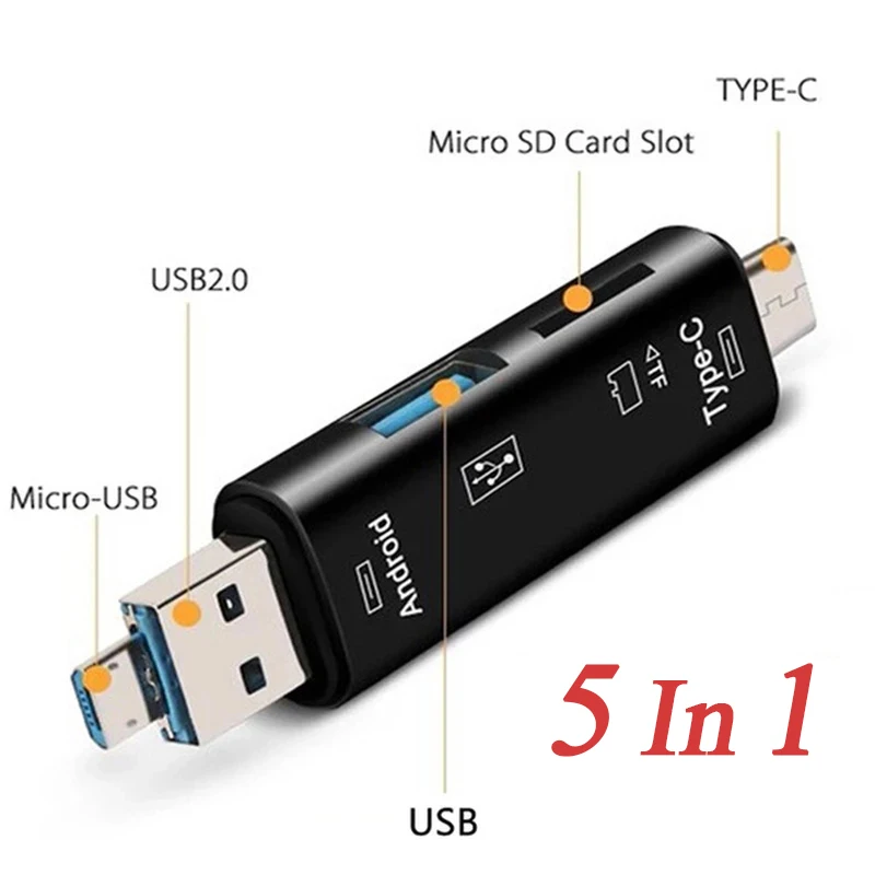 5 في 1 متعددة الوظائف Usb 2.0 نوع C/Usb/مايكرو Usb/Tf/SD قارئ بطاقة الذاكرة OTG قارئ بطاقة محول ملحقات الهاتف المحمول