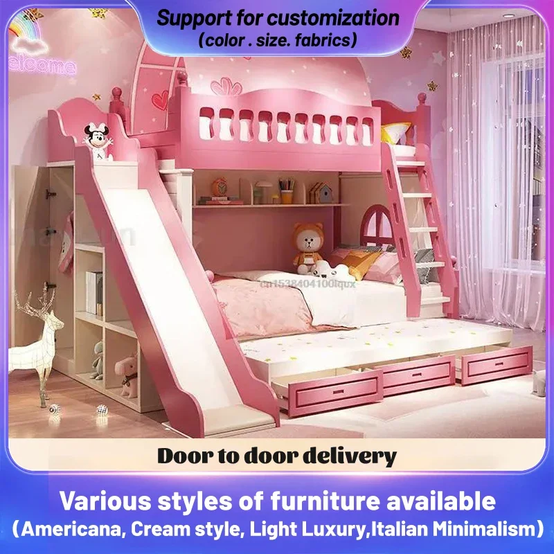 Loft Bed With Drawers Creative And Lovely Pink Two-Story Furniture For Girls From 5 To 8 Years Old Fashion Hot Sale Kids Beds