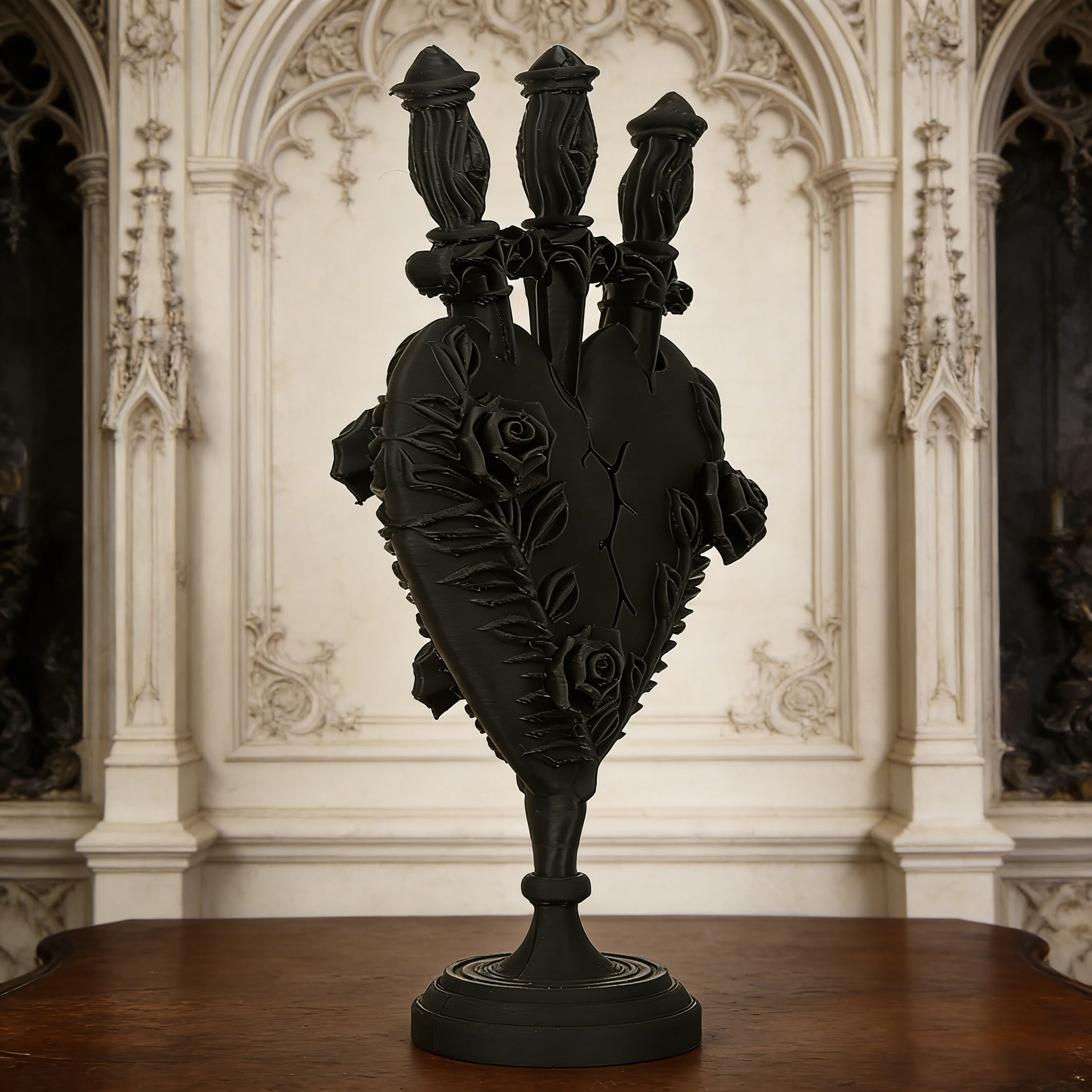 Gothic-Kerzenständer im dunklen Stil mit Herz- und Rosenrelief, dreiköpfig, für die Dekoration von Heim- und Schreibtischflächen im Retro-Stil – ideal für besondere Anlässe