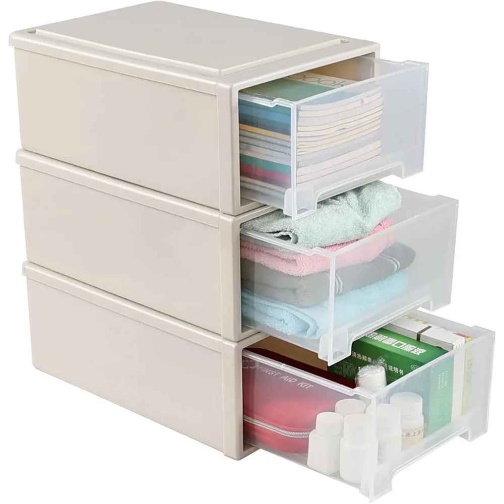3-Pc Plastic Stackable Storage Drawers - Large Capacity Organizer Unit with 13 Quarts Capacity for Home and Office