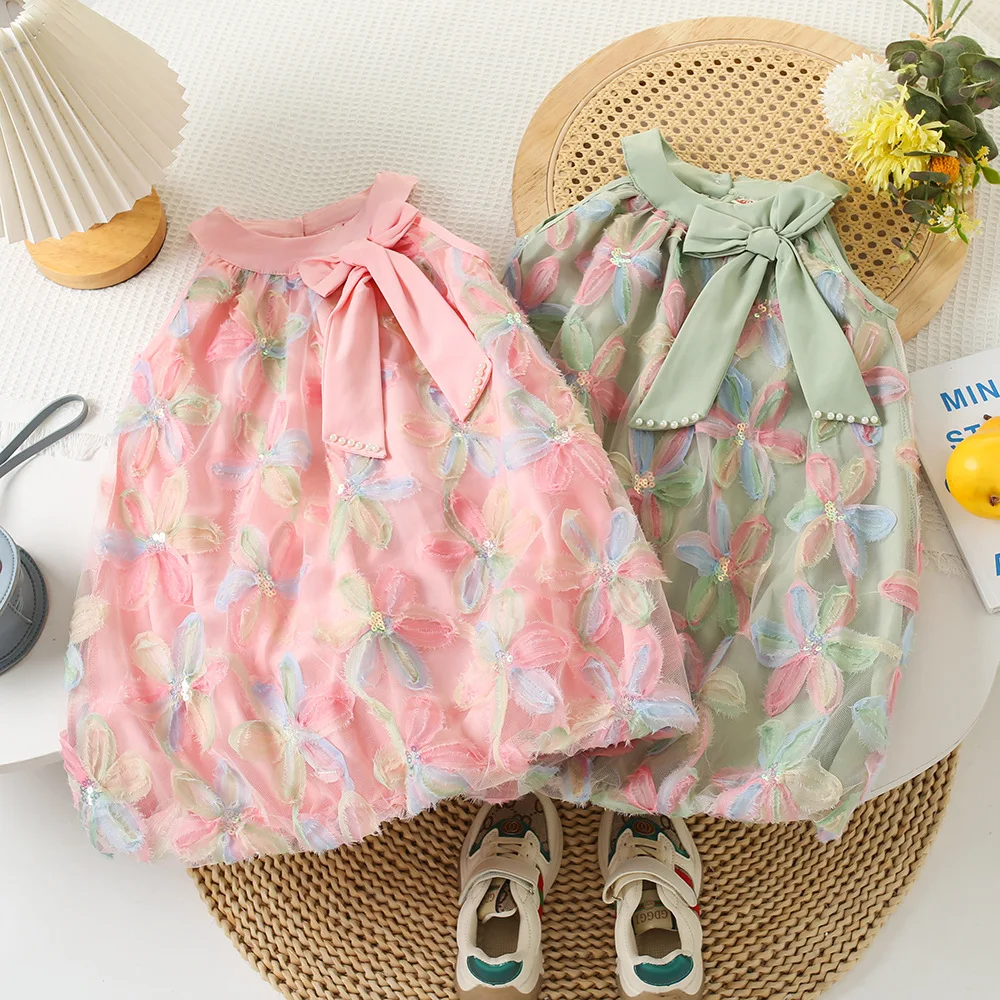 3-7 Year Old Korean Version Sweet and Cute Bow Hanging Neck 3D Flower Sleeveless Mesh Princess Dress Summer New Birthday Party