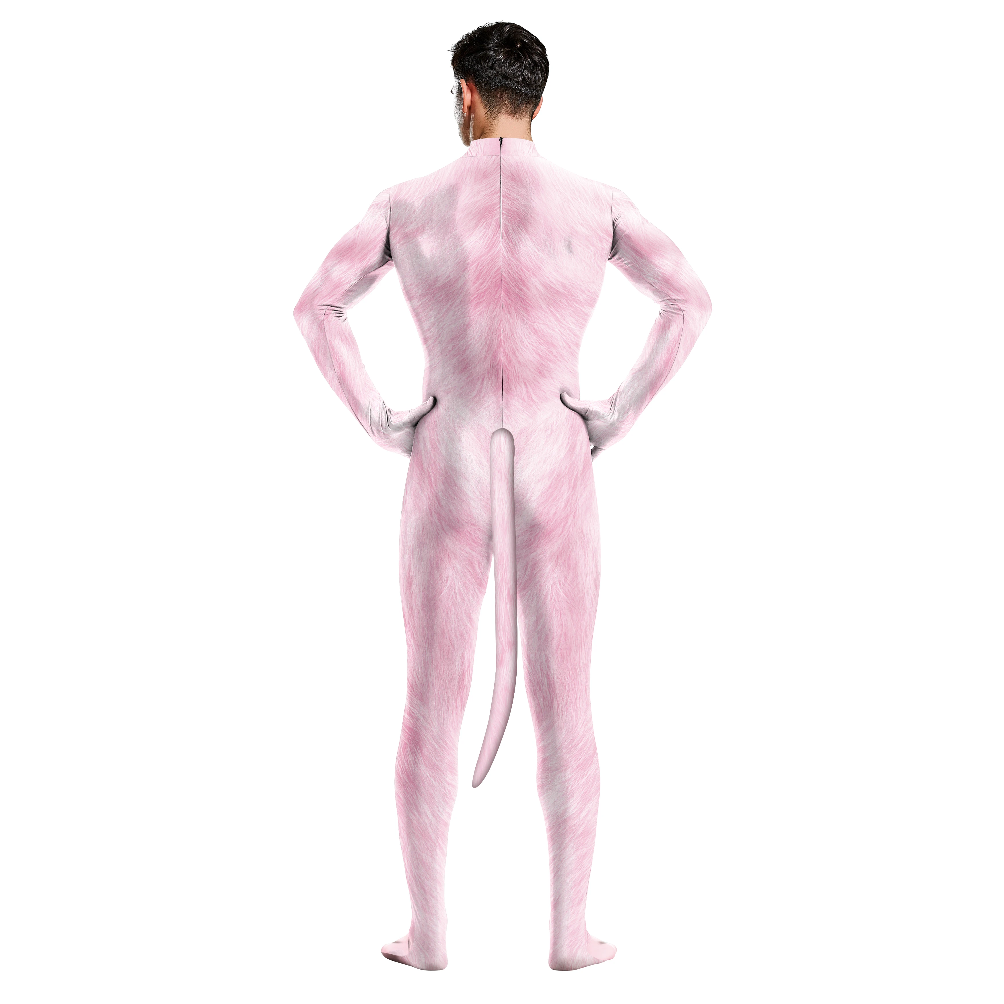 Zawaland Halloween Animal Pink Print with Tail Cosplay Costume Crotch Zip Sexy Couple Jumpsuit Carnival Zentai Bodysuit Catsuit