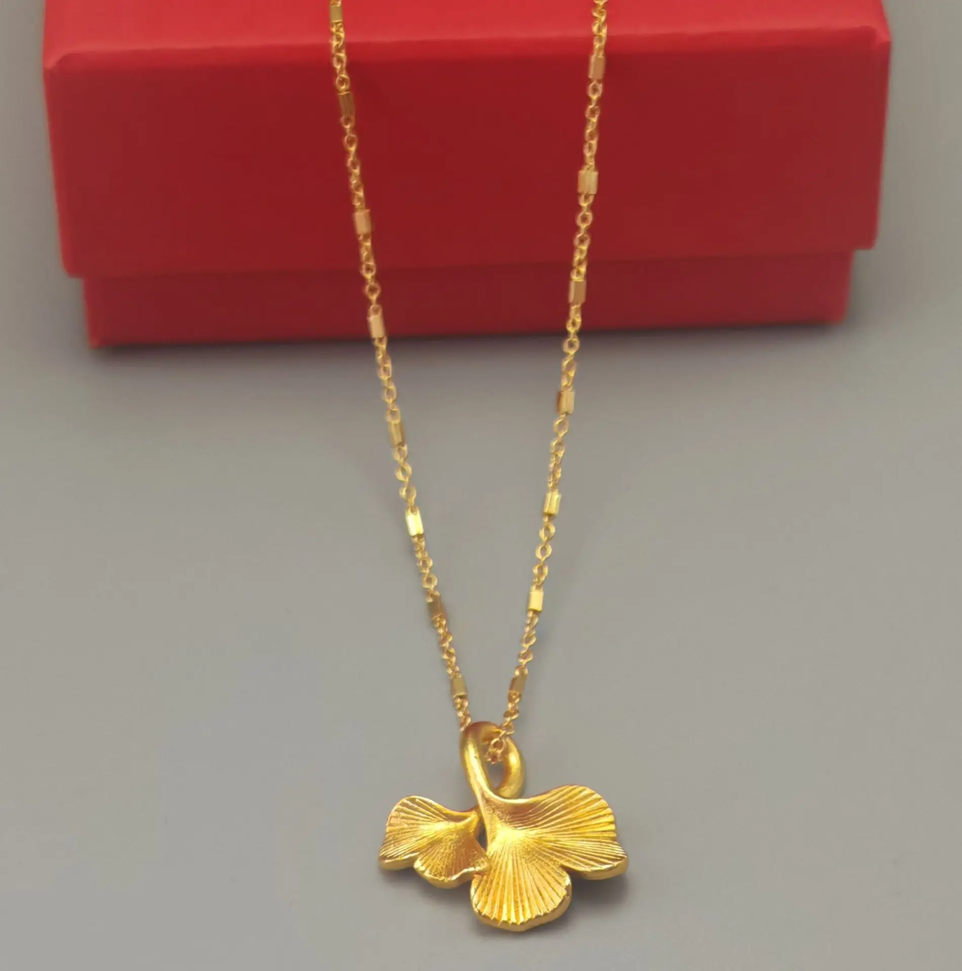 9999 Gold Double Apricot Leaf Laser Bead Necklace, Trendy and Minimalist Design for Women, Unique Style, Long Neckline Chain,