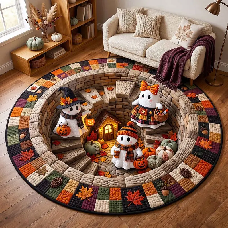 VIKAMA Christmas Santa Round Rug Red Brick Ring Pattern Festive Living Room Floor Carpet Cozy Winter Holiday Home Decor Gift