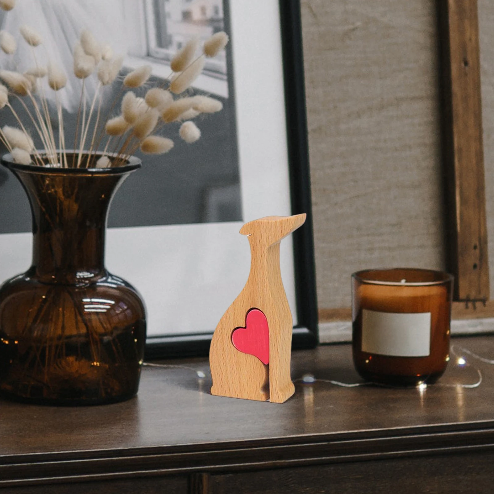 Handmade Wooden Statue Whippet Dog Craft Figurine With Red Heart Desktop Table Ornament Home Office Decoration Gift  For Office