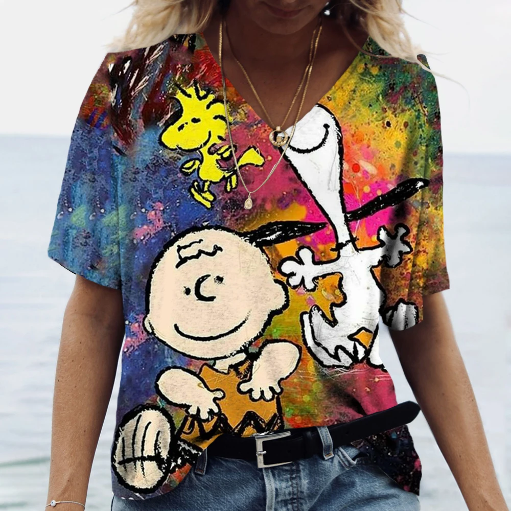 Dámská tričko harajuku oblečení topy snoopy kreslený tisk tees v-neck nadrozměrné pulovr krátký rukáv blůza volné mikina