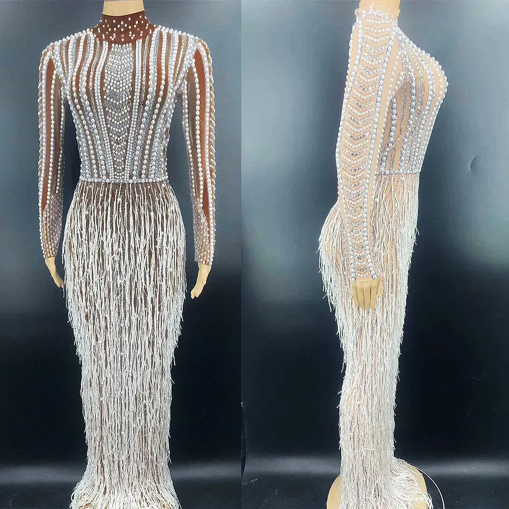 Vestido largo sexi con abertura y borlas de diamantes de imitación y perlas brillantes para mujer, ropa de fiesta de noche, disfraces de escenario