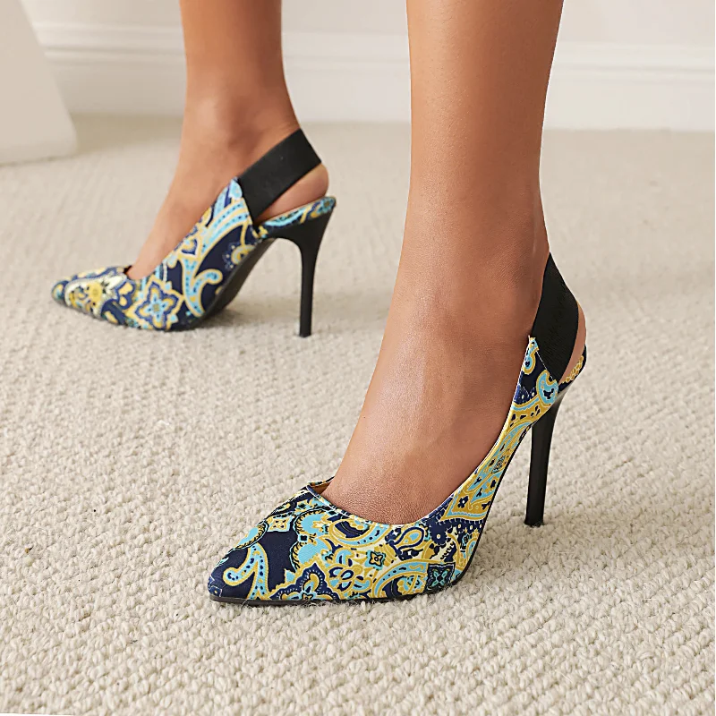 2026 Spring/Summer Women's Pointed High Heels Retro Flower Printed Elastic Strap Stiletto Fashion Shallow Mouth Shoes