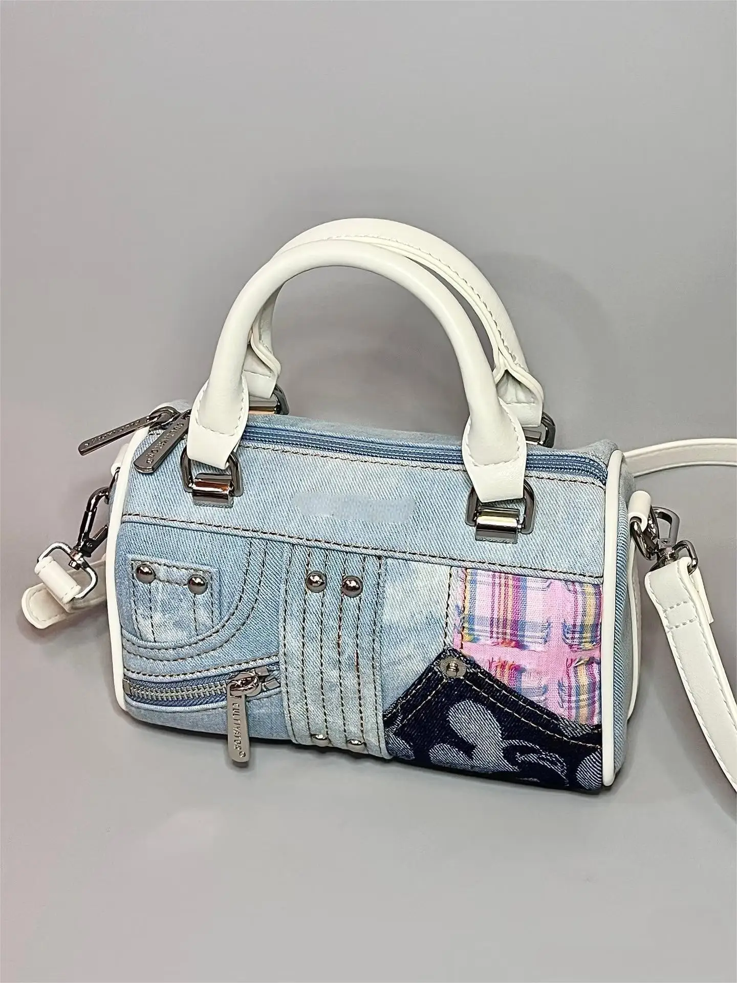 

Hot Girl Rivet Boston Handbag Women Denim Color Block Patchwork Large Capacity Shoulder Bag Ladies Harajuku Pillow Crossbody Bag