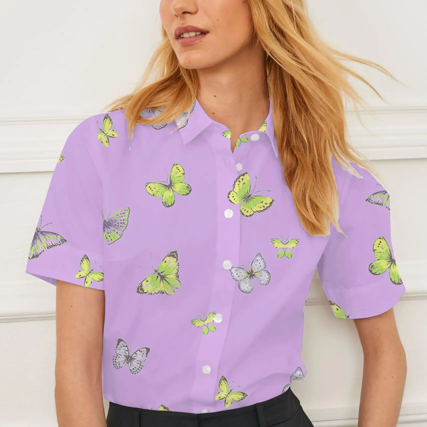 Новая летняя женская повседневная рубашка с короткими рукавами и лацканами с принтом бабочки, женская индивидуальная мода