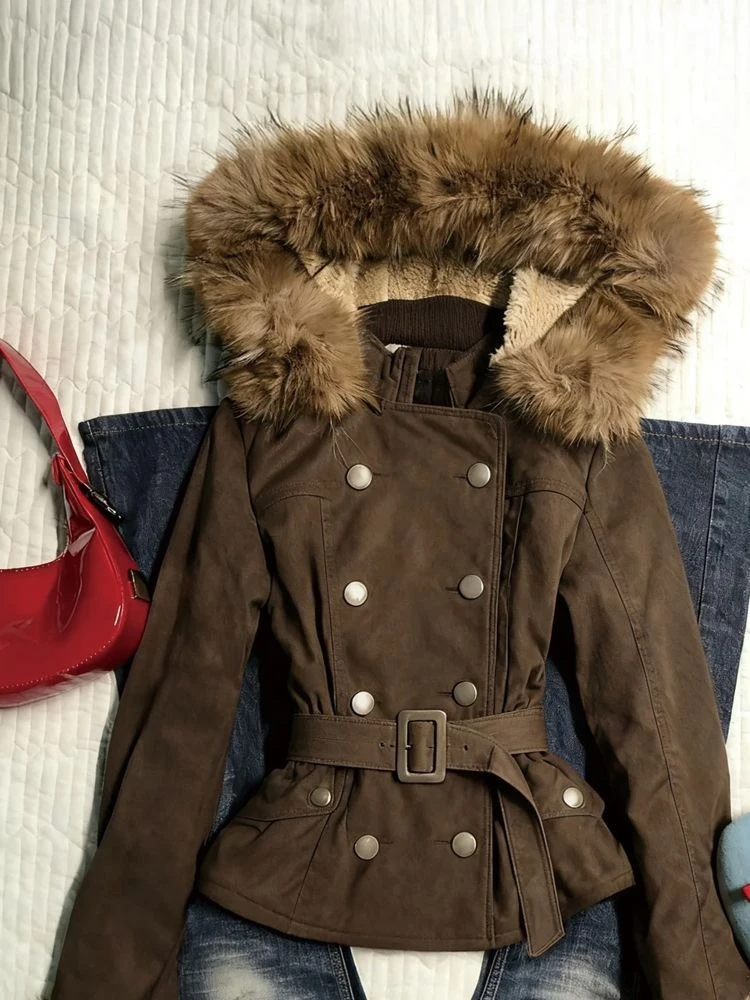 النمط البريطاني خمر براون سليم التفاف معطف Y2k مزدوجة الصدر Cinched الخصر سترات الموضة تصميم تحسس ملابس الشتاء الجديدة #2