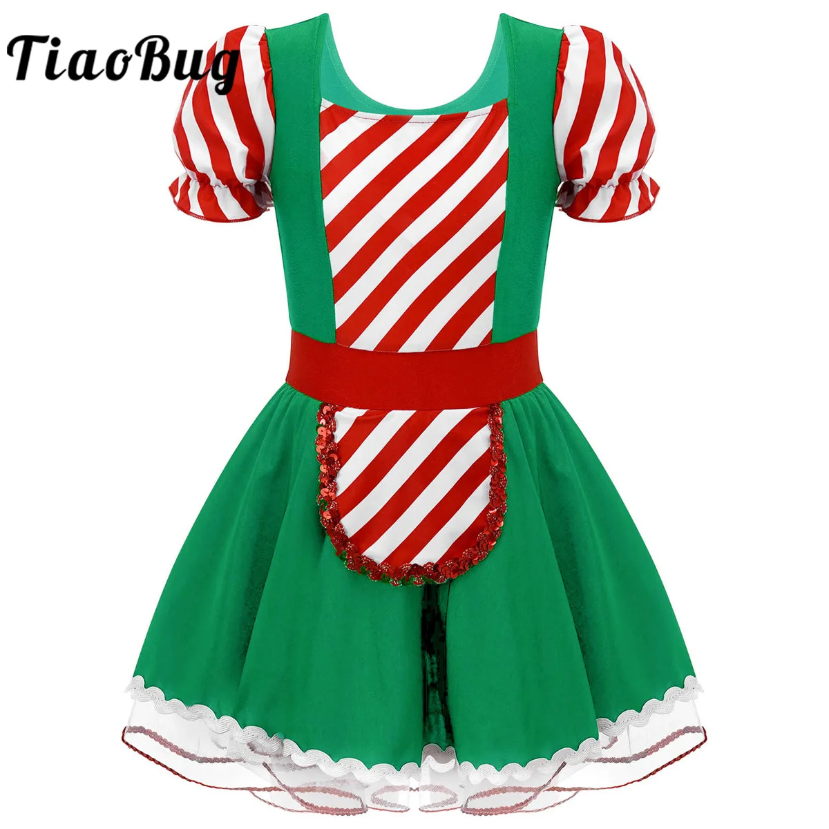 

Sequin Striped Holiday Cookie Role Play Dress Up Kids Girls Christmas Halloween Cosplay Lace Trim Tutu Dress Maid Costumes