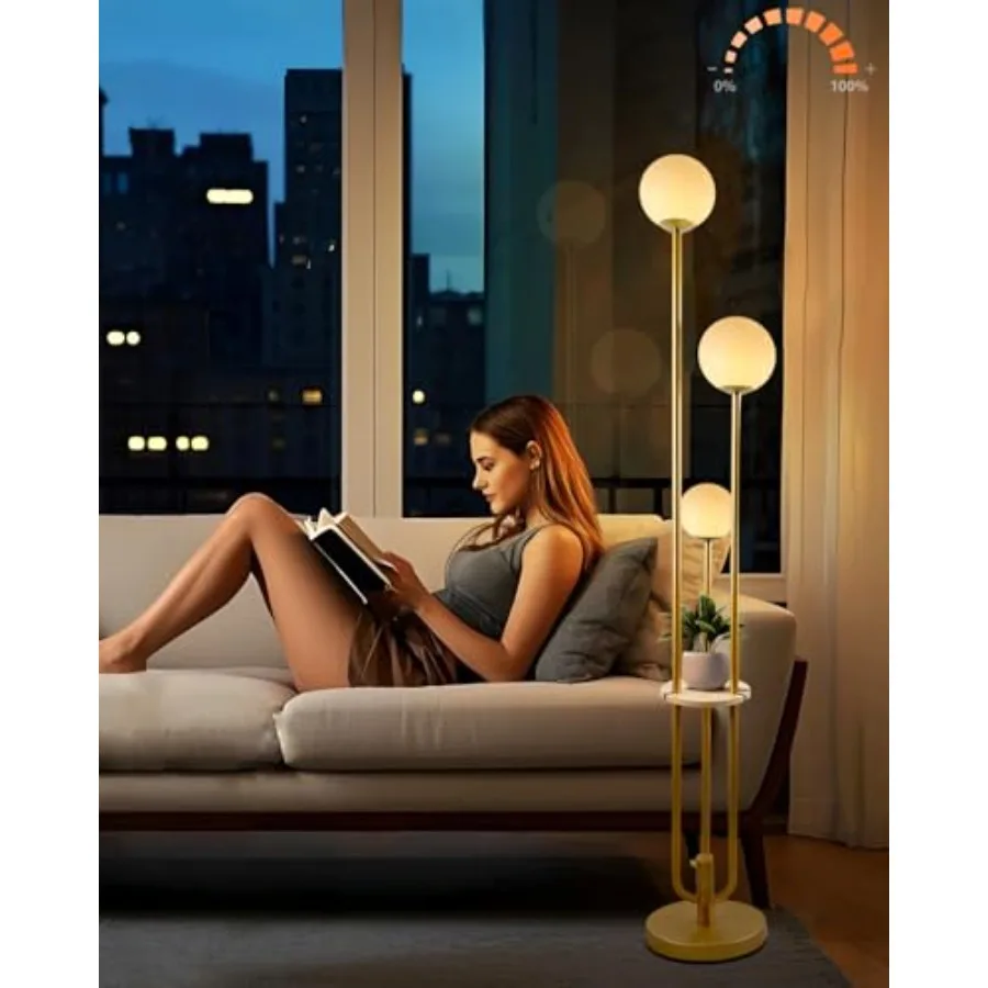 

63IN Dimmable Floor Lamp with Shelf, Unique Globe Gold Tall Standing Lamps, 3000K Warmwhite Mid Century Modern Floor Lamp with