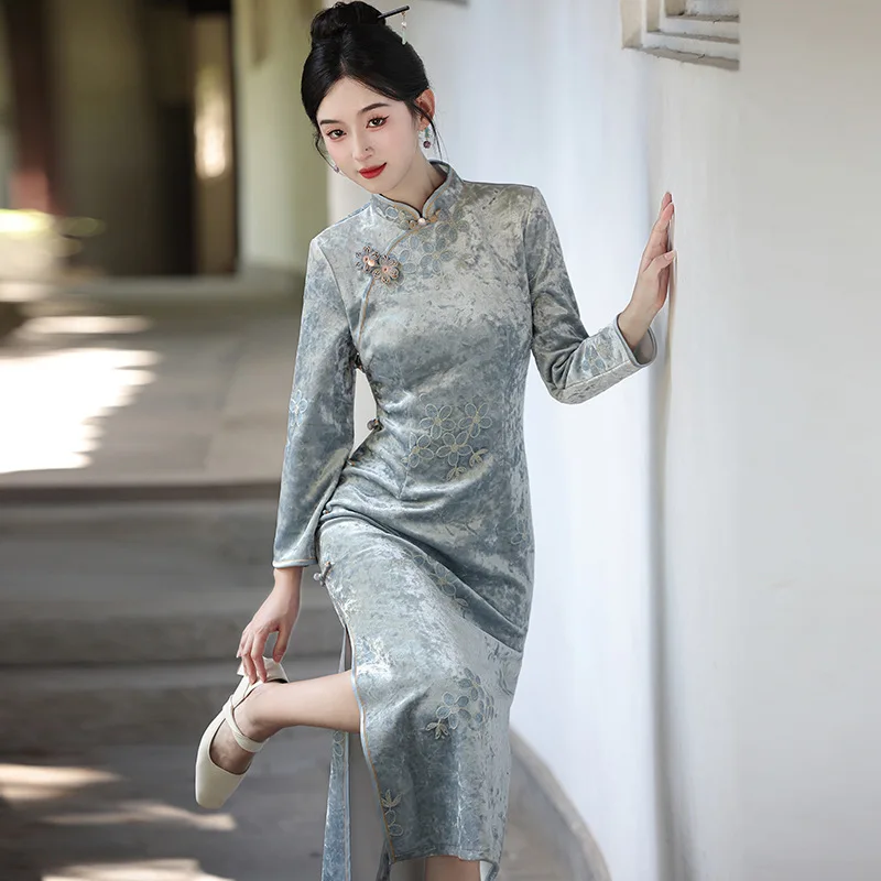Yourqipao 2025 Autumn Handmade Buttons Milk Silk Jacquard Slim Long Stand Collar Chinese Style Evening Dress Qipao for Women