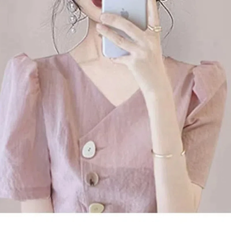 Office Lady Korean Fashion Summer Women\'s Solid Color V-Neck Chiffon Pullover Ruffles Button Short Sleeve T-shirt Elegant Tops