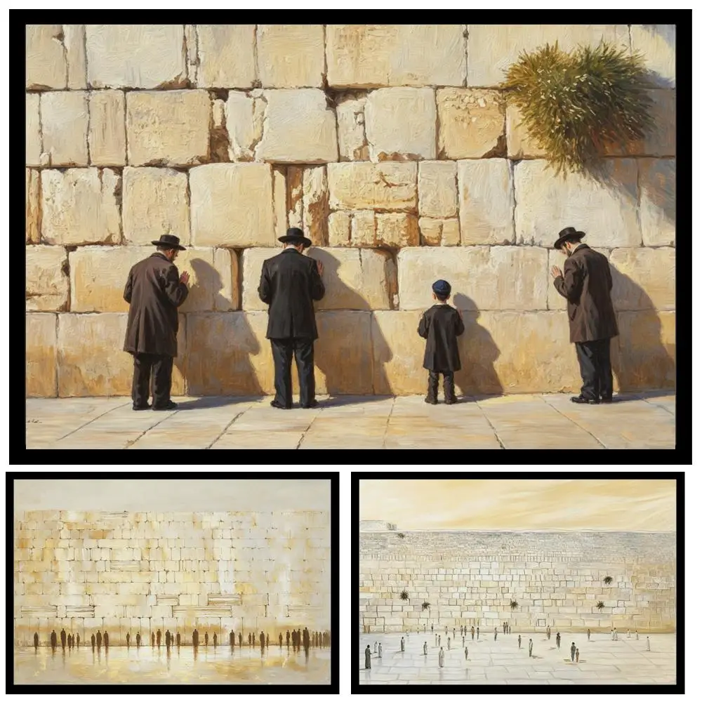 Oversized Western Wall Canvas Prints HD Abstract Jerusalem Kotel Father and Son in Black Coats Jewish Home Decor Living Room
