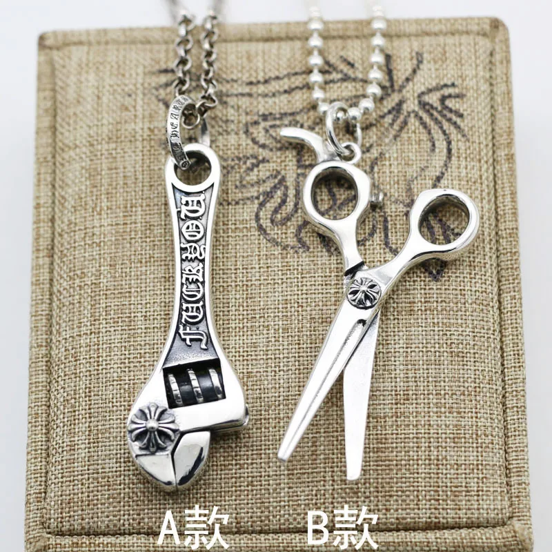 Female Vintage Cross Scissors Pendant Engraved Sterling Silver Necklace Wrench Pendant Personalized Stylist Male Sweater Chain