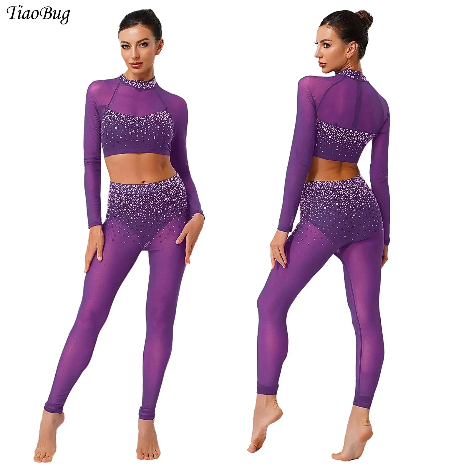 

Women Modern Lyrical Dance Outfit Rhinestone Long Sleeve Sheer Mesh Crop Top And Leggings Tights Latin Ballet Gymnastic Workout