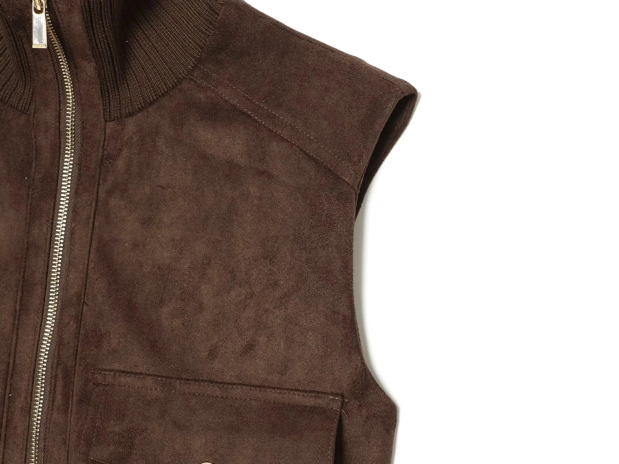 KONDALA Vintage Casual Damen Wildleder Tanktop mit Stehkragen, ärmellos, Reißverschluss-Taschen, modisches Oberteil für Herbst/Winter 2026, Urlaubstop – Detail 5