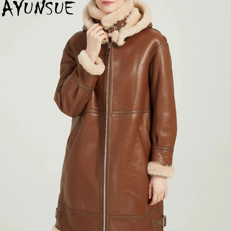AYUNSUE Echt Leder Jacke Frauen Motorrad Jacken 2025, mittellange Natürliche Schaffell Pelzmantel frauen Winter Kleidung Streetwear