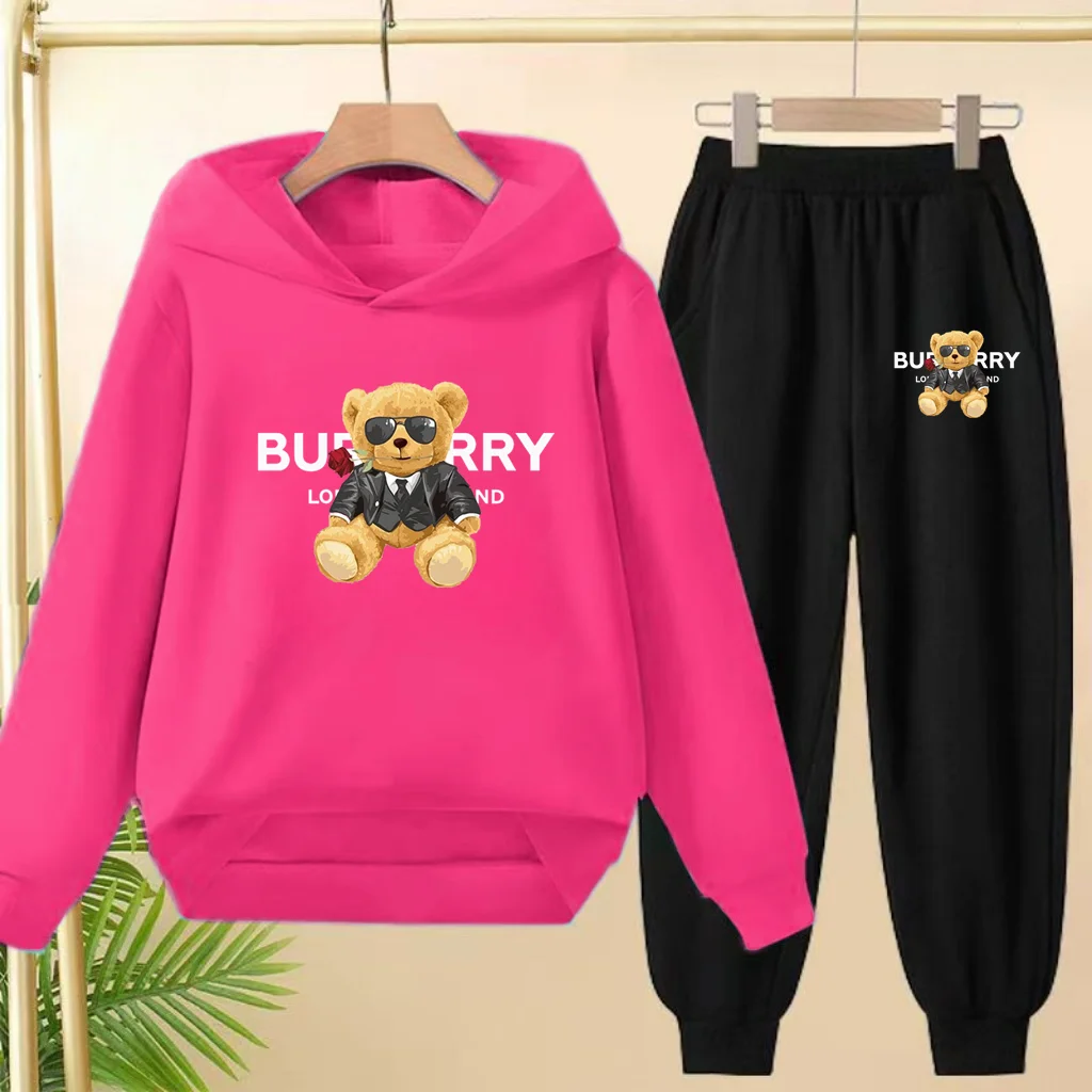 Children's Hoodies Sets Autumn Winter Cartoon Bear Printed Boys Girls Sweatsuit Kids Breathable Pullover and Pant Two Piece Set