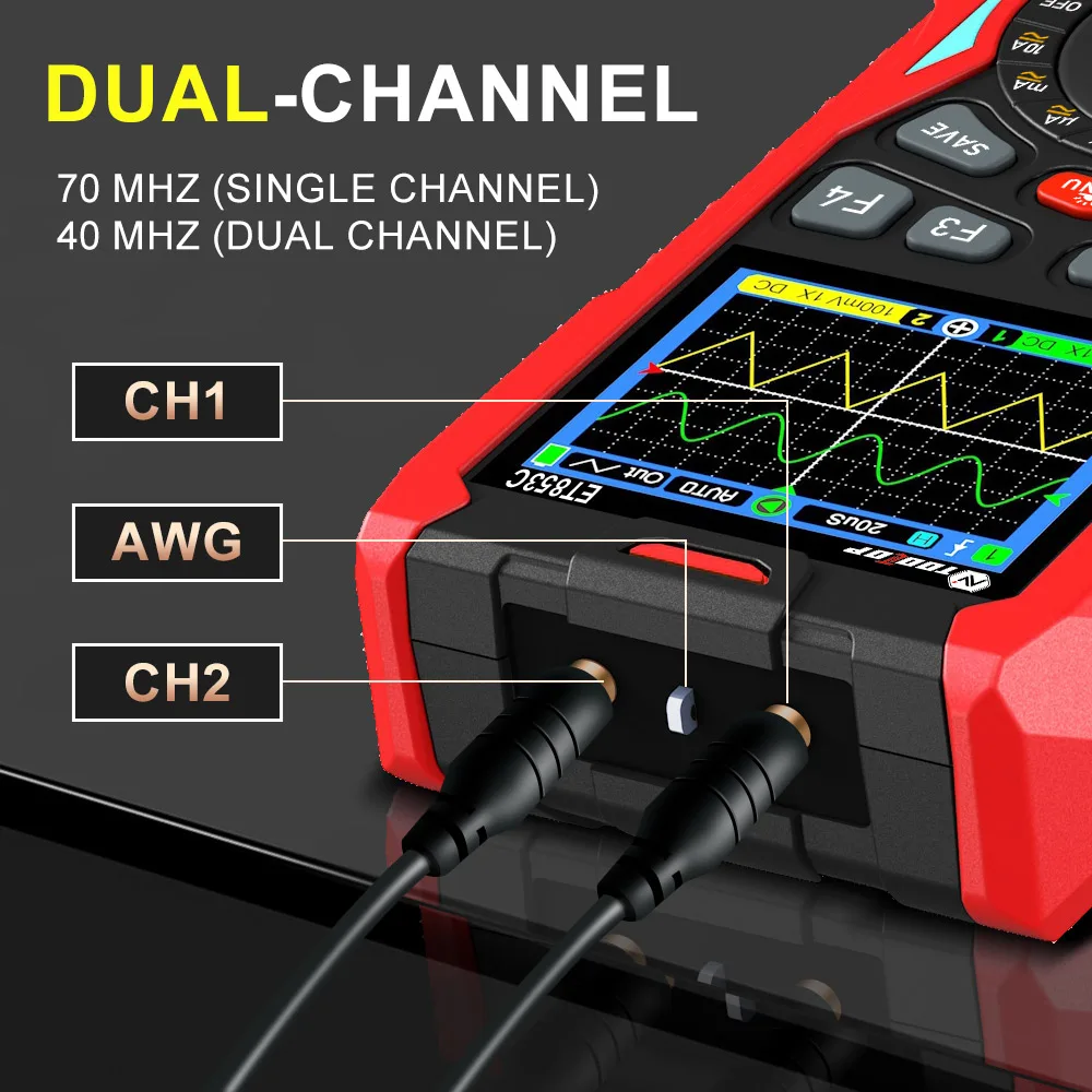 TOOLTOP Handheld Digital Oscilloscope 70MHz 200Msps Signal Generator Multimeter 3 in 1 Tester Dual Channel Waveform Storage Tool