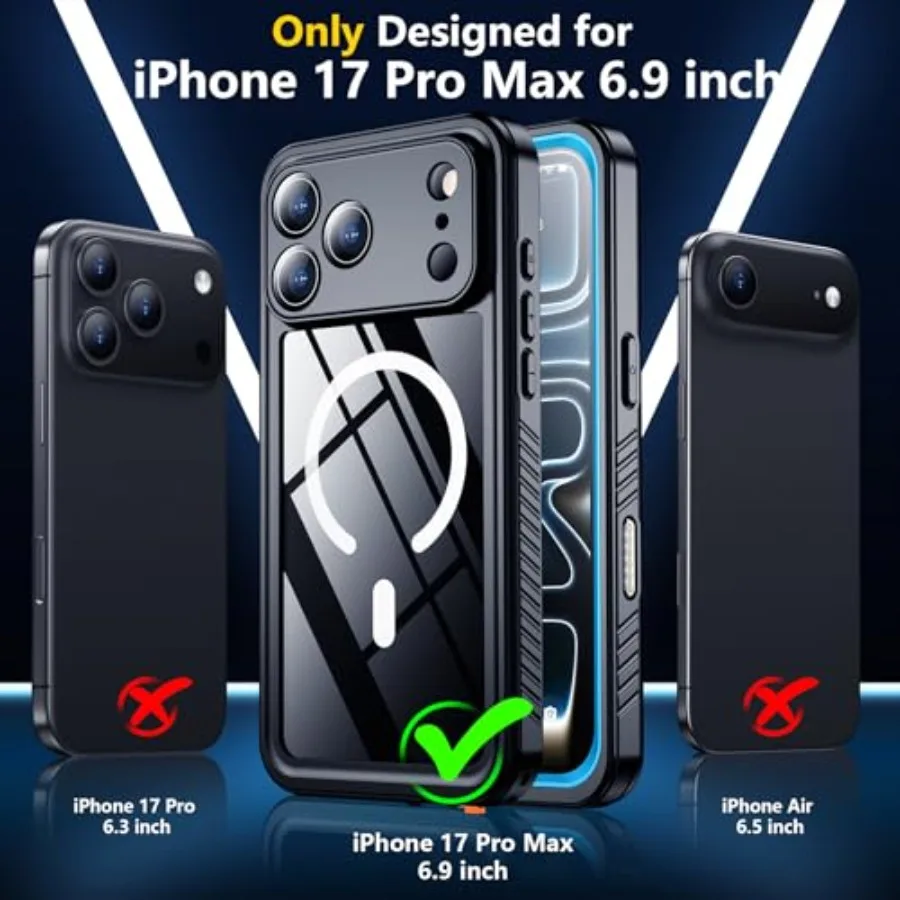 Funda magnética para iPhone 17 Pro Max, resistente al agua, pantalla integrada, Protector de lente de cámara IP68, grado militar subacuático