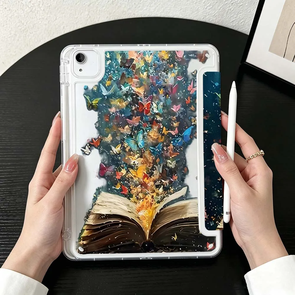 Book Flying Butterflies For iPad Mini Pro Air 5 6 7 8 9 10th 11th 11 9.7 10.9 13 inch Transparent Y-Shaped Folding Tablet Case
