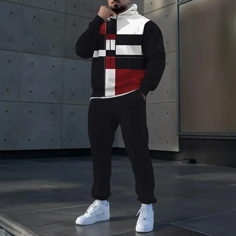 심플한 스트라이프 프린트 남성 후드 세트 가을 겨울 캐주얼 스웨트셔츠 바지 투피스 패션 고품질 체육관 스포츠 의류