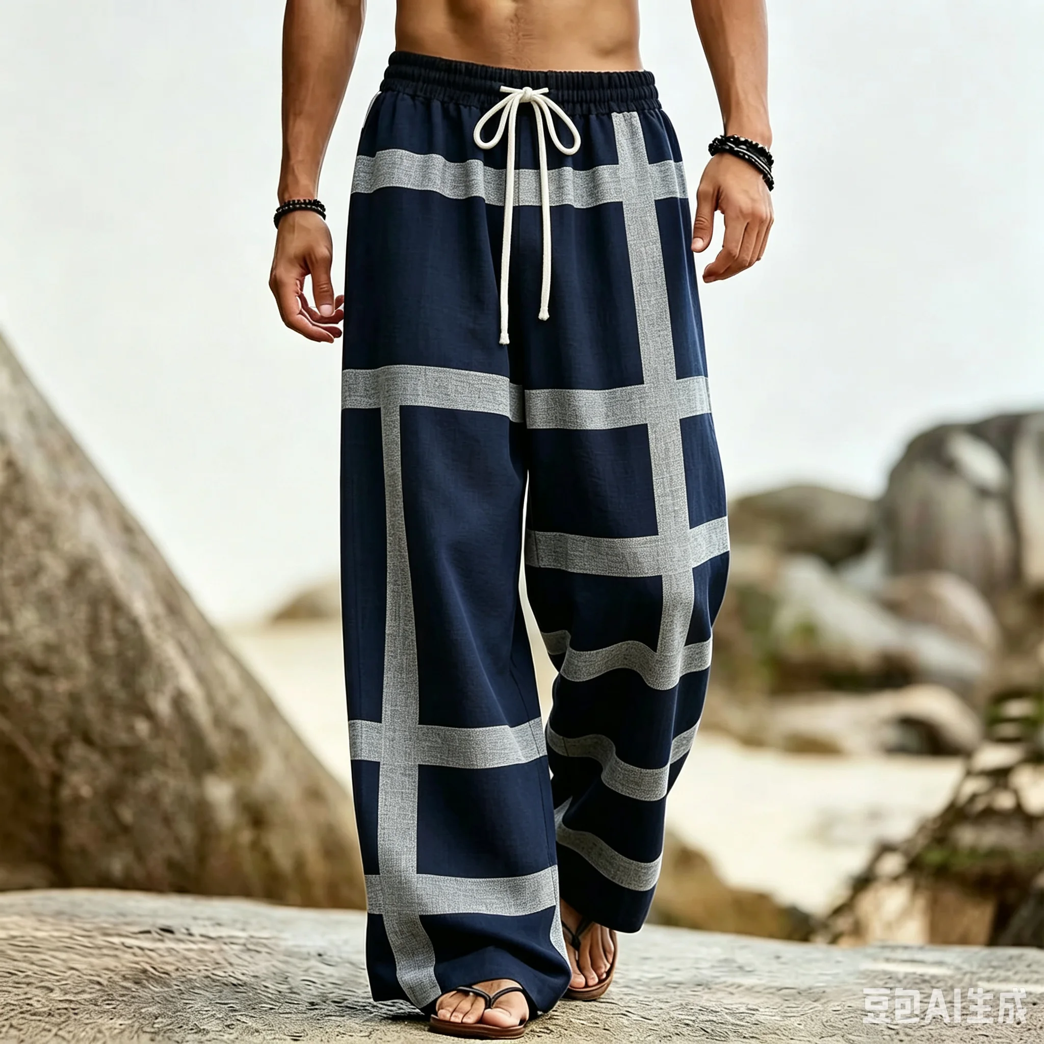 2026 Men Navy Beige Plaid Wide Leg Pants, Large Grid Checkered Drawstring Elastic Waist Vacation Casual Beach Trousers Kids