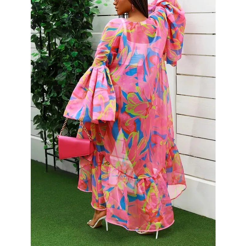 Elegant Irrrgular Hem Jacket Floral Printed Cardigans Flare Sleeve Thin Coat for Women Casual Vintage Plus Size Long Cover-up