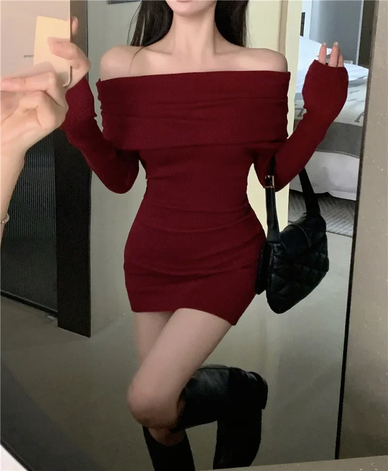 

Black Off Shoulder Mini Dresses Spring Autumn Elegant Long Sleeve Mini Dress Korean Fashion Women Slim Sexy Bodycon Dress