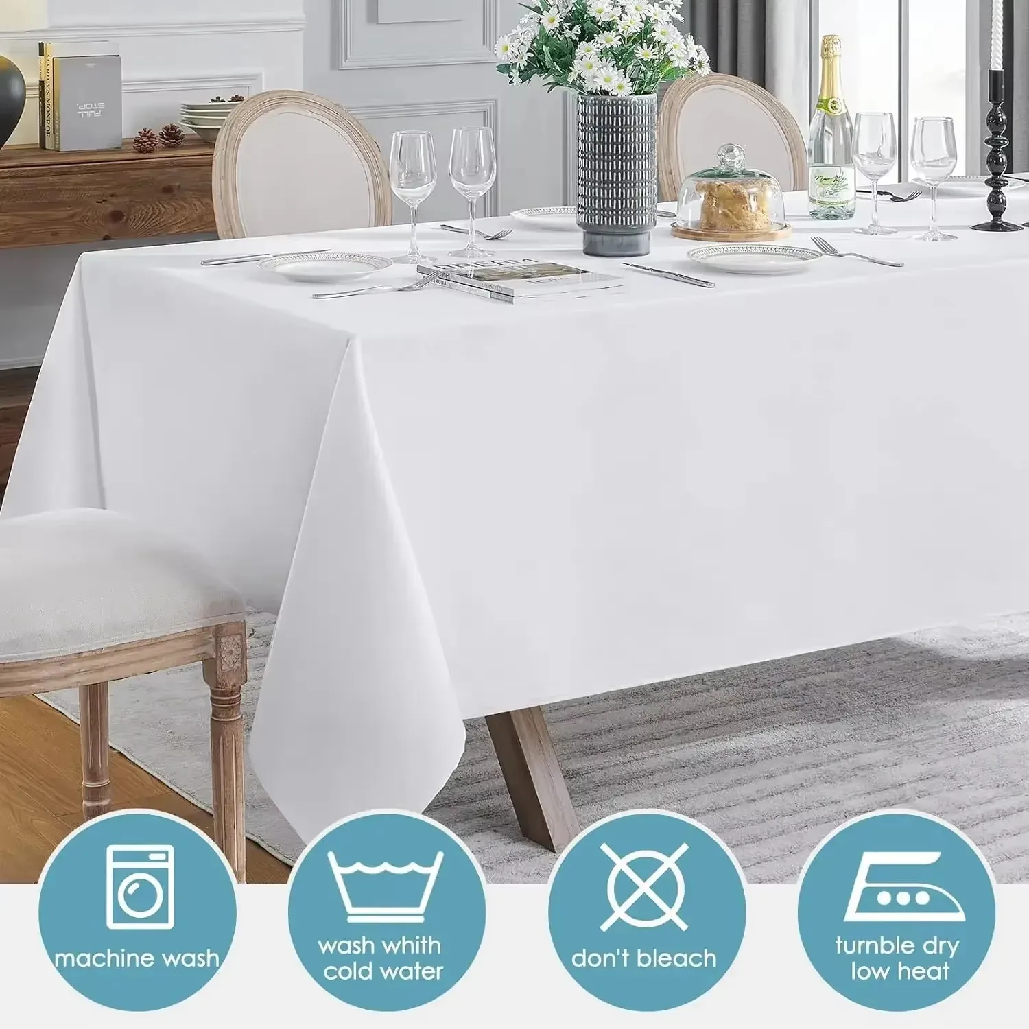 Home rectangular solid color tablecloth 5-piece set of polyester tablecloth, anti stain and wrinkle resistant polyester kitchen