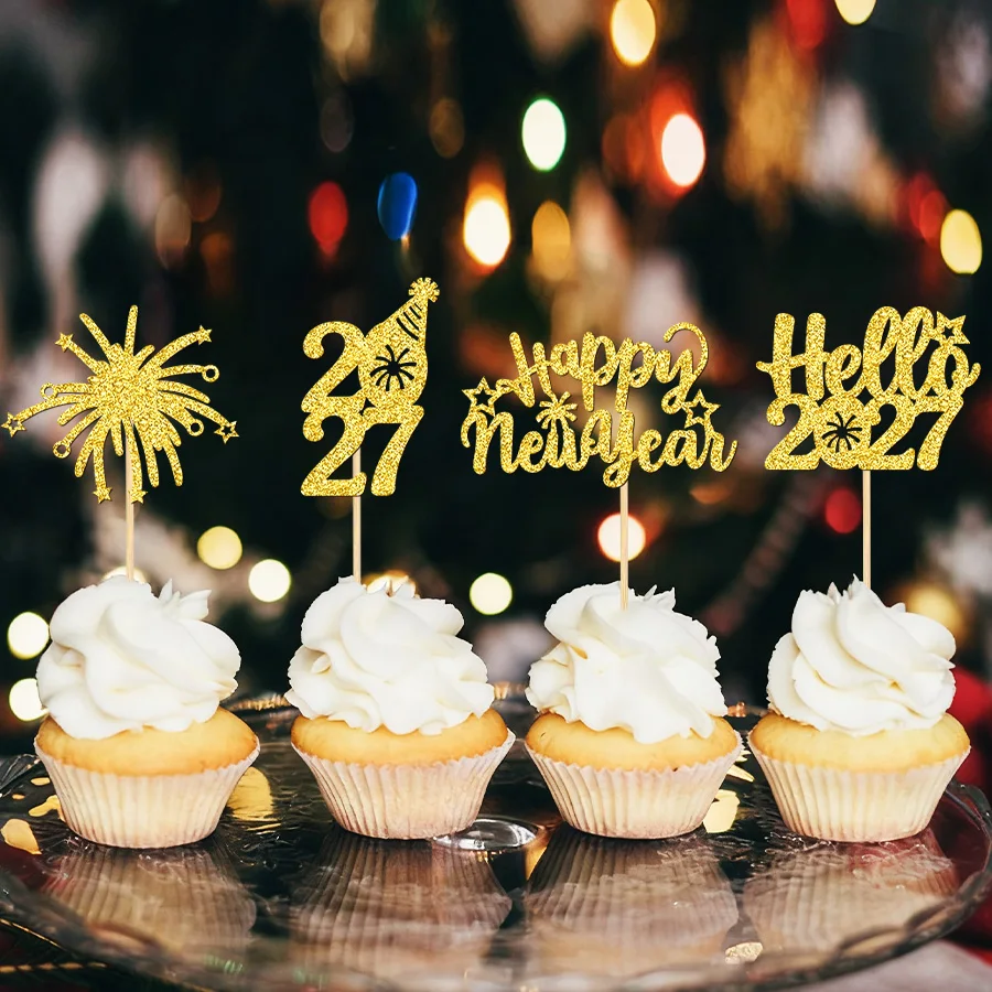 YOMDID 24Pcs Happy New Year Cupcake Toppers New Year Cupcake Toppers Firework Pattern Cupcake Topper Hello Cupcake Picks - view 3