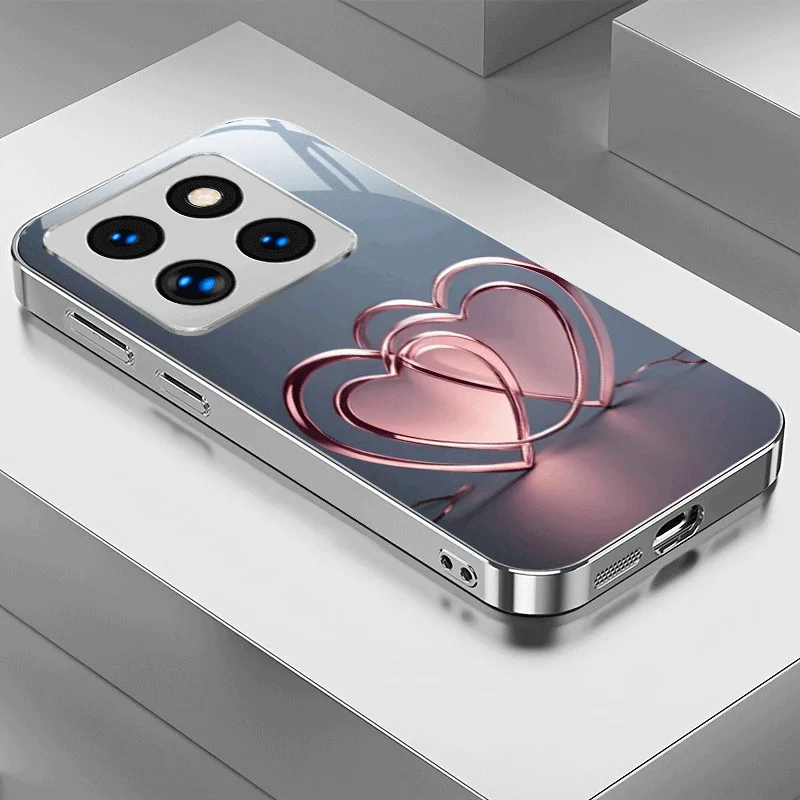 Pink heart-shaped pattern silver-plated glass phone case, suitable for iPhone 17, 16, 15, 14, 13, 12, 11, etc.