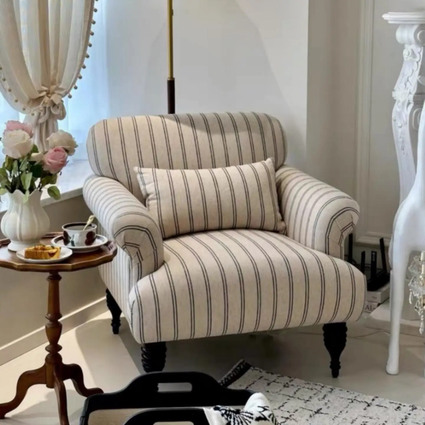 Retro sofa chair French fabric stripe bed and breakfast living room bedroom single leisure lazy sofa