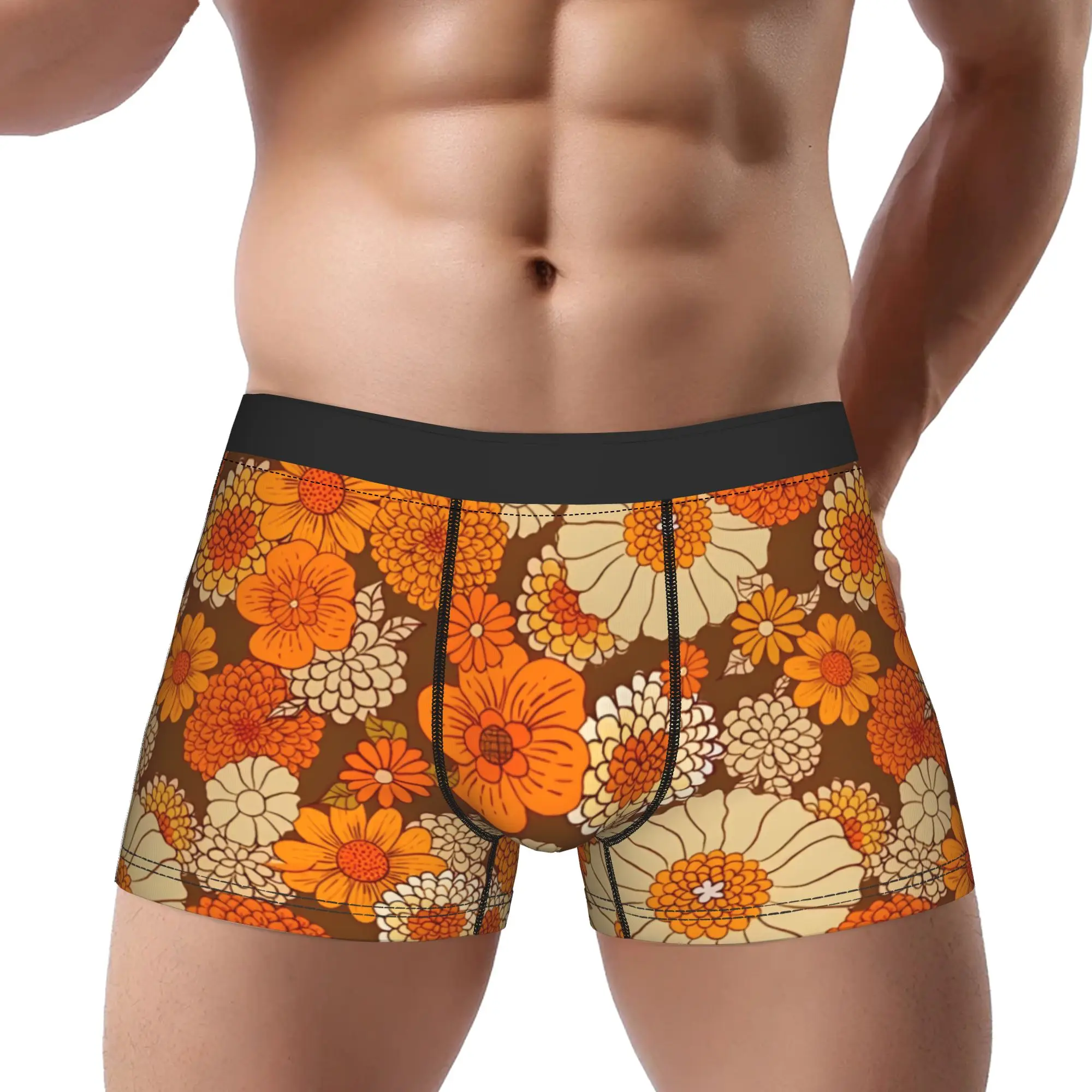 

Мужские трусы-боксеры в стиле ретро 70-х с цветочным принтом (оранжево-коричневые), дышащие, вентилируемые, в стиле бохо