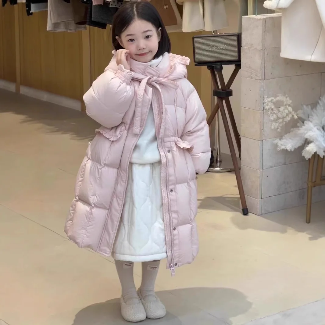 

3-14Y Winter Warm Girls Sweet Lace Design Long Hooded Zipper Puffer Jackets School Kids Thick Coat Children Outfit Windbreaker