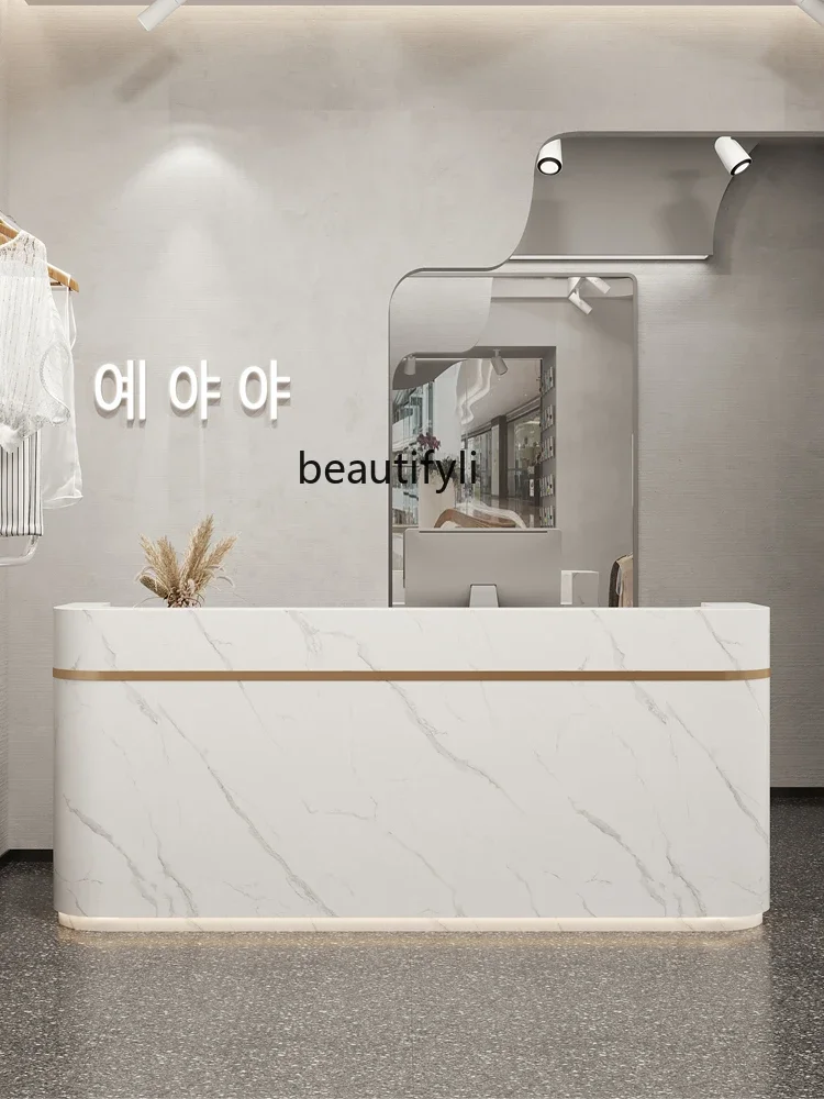 Beauty Salon Curved Cashier Light Luxury Clothing Store Imitation Marble Front Desk Reception Table