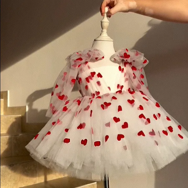 Children Kids White Red Heart Tulle Dress Long Sleeves Gown Boutique Cute Wedding Party Dresses Girl Clothing For Birthday