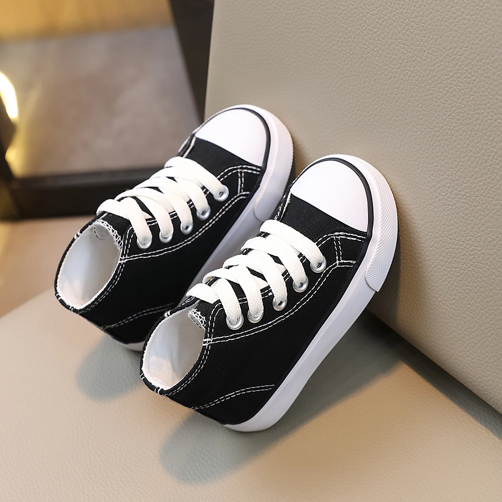 Comfy Kids Children's Canvas Shoes for Boys and Girls Aged 2-10, High-Top Lace-Up Style, Classic Black and White Color Scheme, Wear-Resistant and Durable Soles, Casual Shoes for School and Daily Use