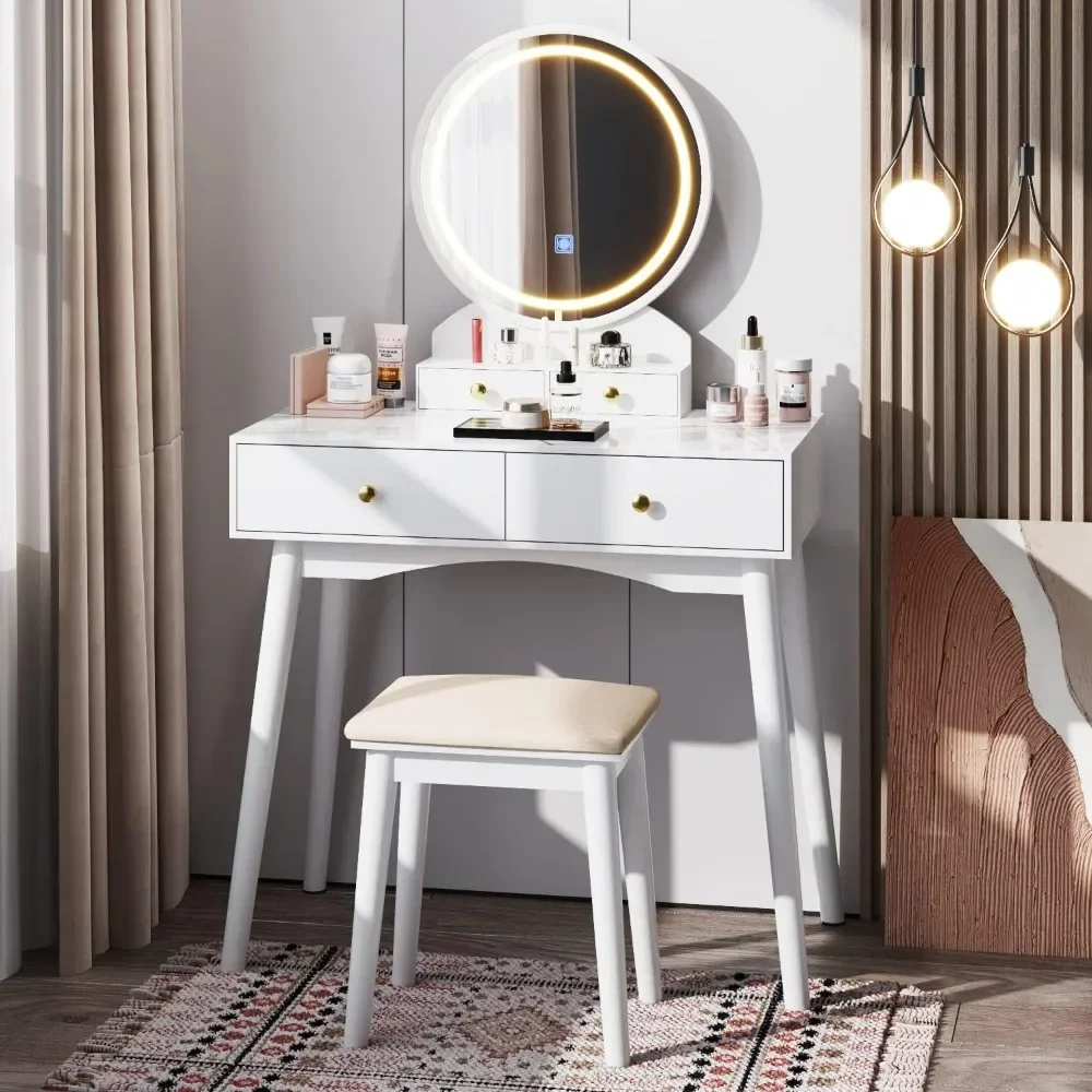 Vanity Desk Makeup with Lighted Mirror Vanity Set with Modern Desktop, Soft Cushioned Stool, 4 Storage Drawers Vanity Table